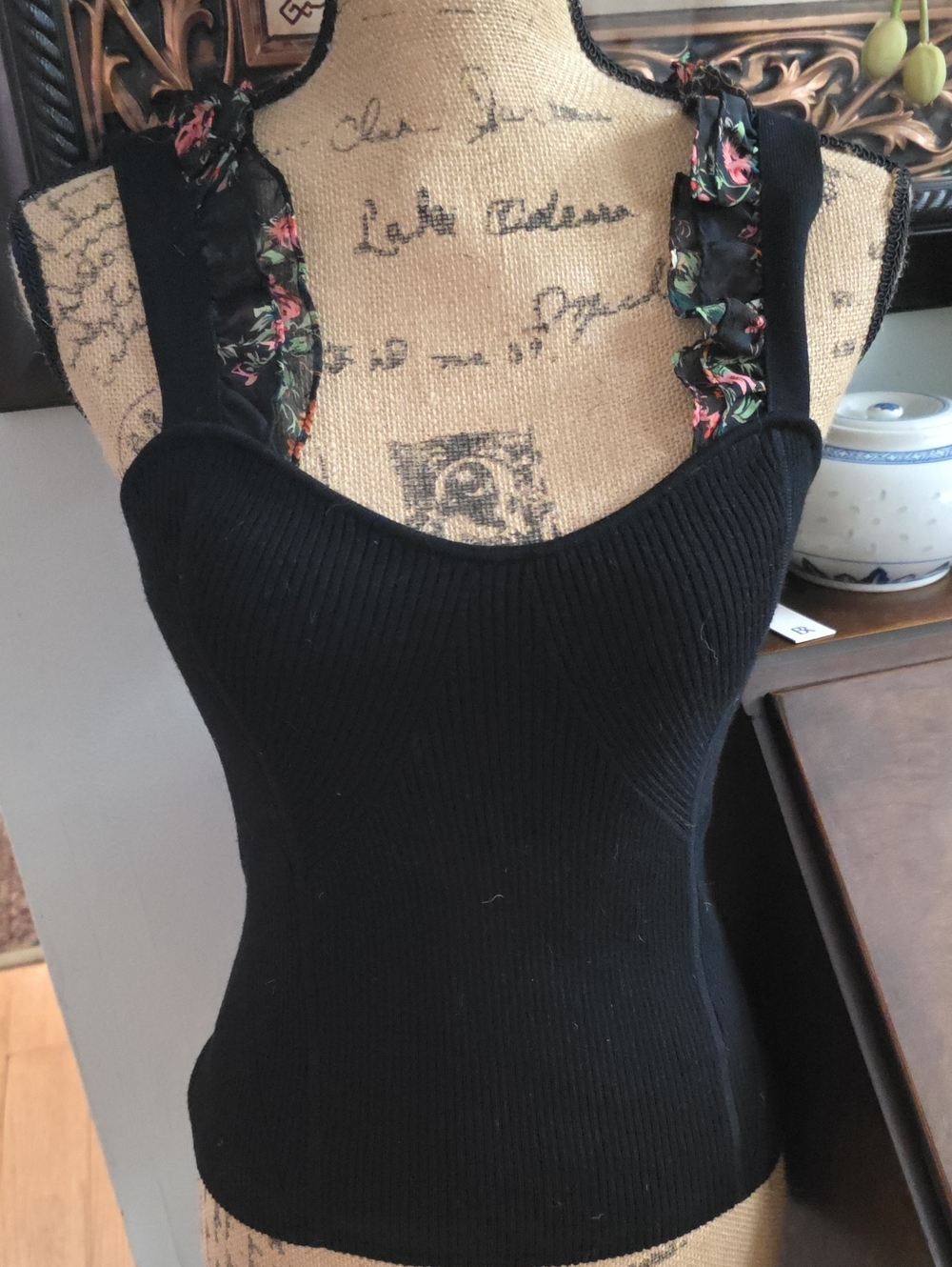 Anthropologie Black Ribbed Tank with Floral-Trim Straps